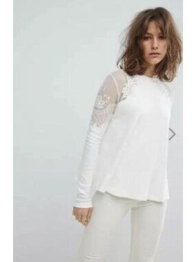Free People Cream Lace Trim Top | Boho Coastal Cowgirl Coquette Balletcore Indie